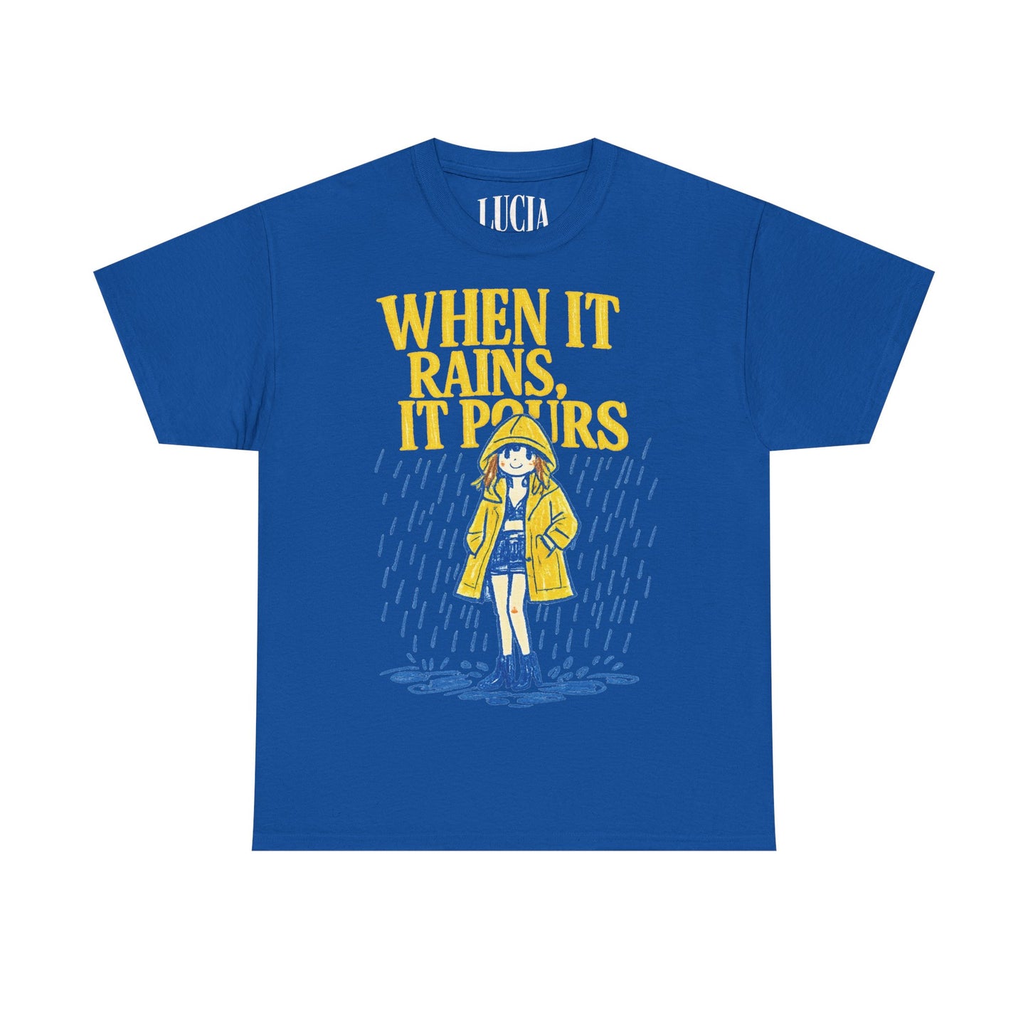 When It Rains It Pours T-Shirt — Cute Yellow Raincoat Graphic Tee