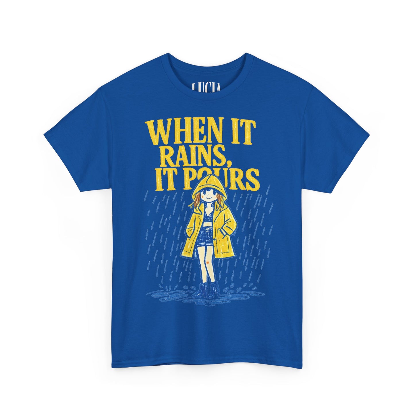 When It Rains It Pours T-Shirt — Cute Yellow Raincoat Graphic Tee